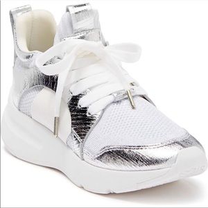 Donna Karen Metallic Silver & White Leather High Top Fashion Sneakers